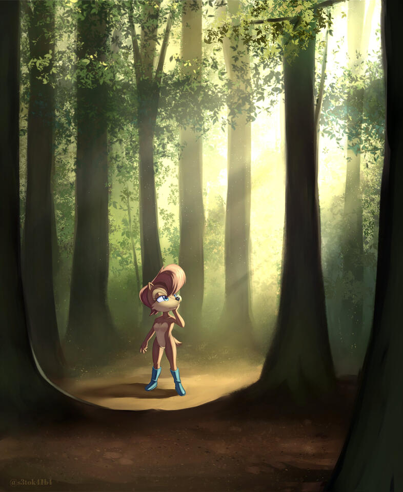 Sally Acorn in a forest